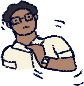 A person with motion lines around their head and arm. Their head is tilted a little, and their arm is jerking inwards. they have glasses, a formal shirt, and a watch or bracelet. they have light brown skin, dark hair, and an off-white shirt.